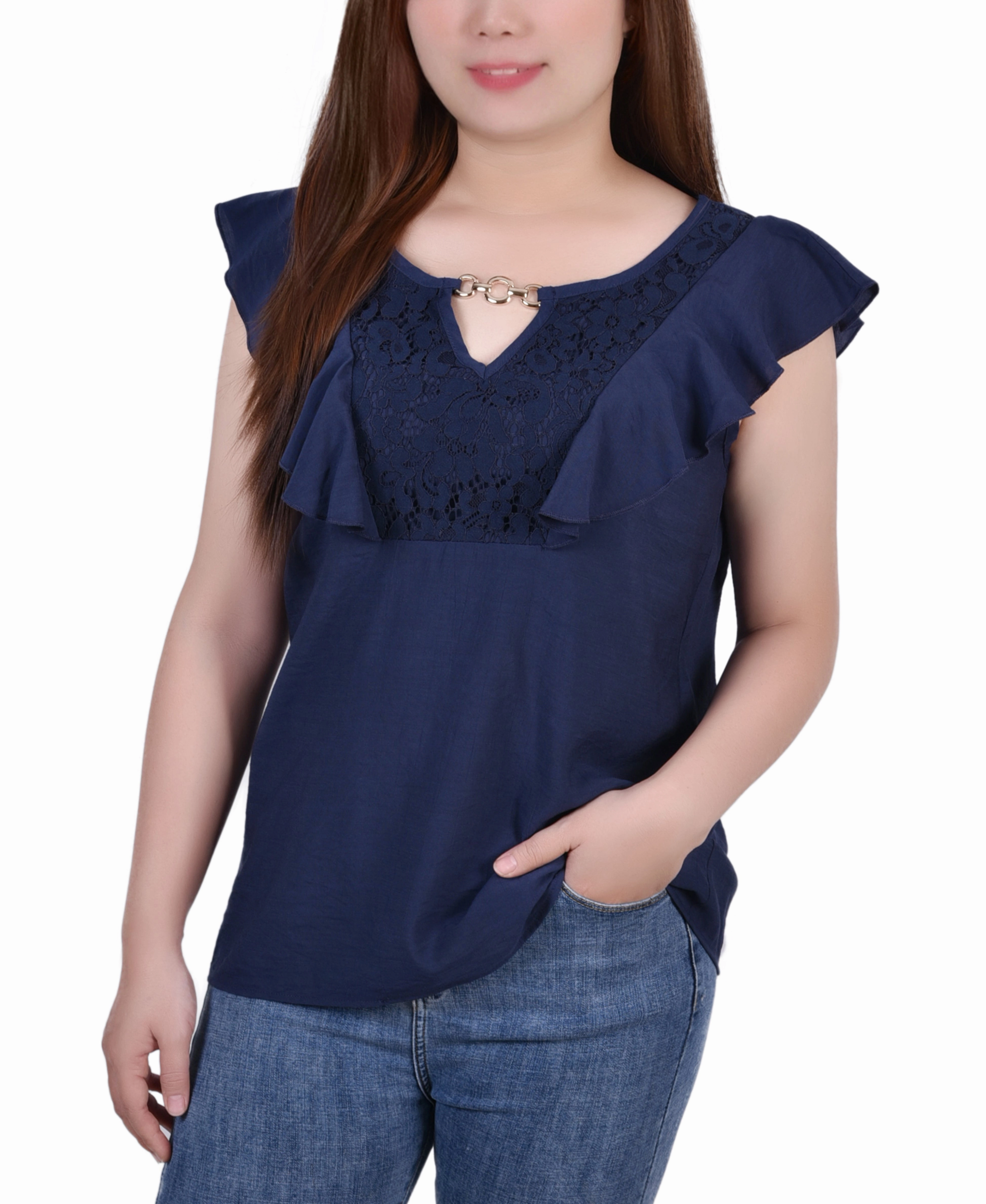 Brushed Microfiber Surface Sleeveless Flutter Yoke Blouse