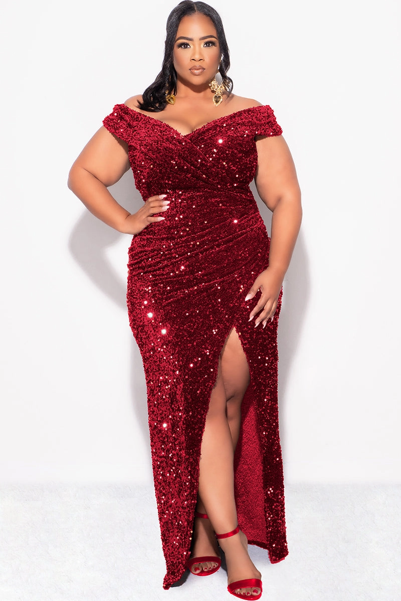 FlexibleNeckline SoftFeel Fabric Final Sale Plus Size Off The Shoulder Sequin & Velvet Ruched Gown with Front Slit in Burgundy