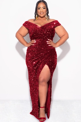 Final Sale Plus Size Off The Shoulder Sequin & Velvet Ruched Gown with Front Slit in Burgundy AntiStatic Weave Anti Slip Shoulder Padding