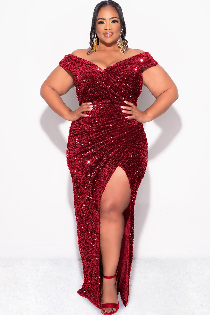 Final Sale Plus Size Off The Shoulder Sequin & Velvet Ruched Gown with Front Slit in Burgundy Reinforced Hemline