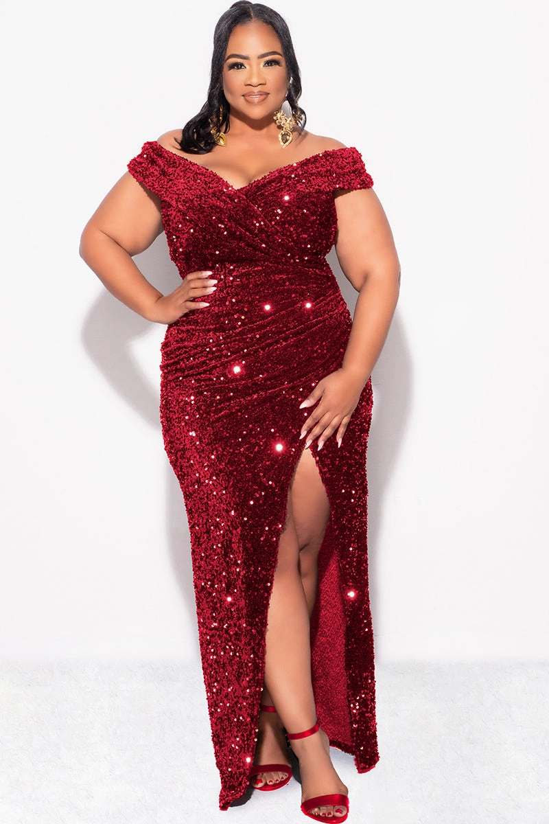 Final Sale Plus Size Off The Shoulder Sequin & Velvet Ruched Gown with Front Slit in Burgundy Non Chafing Side Seams