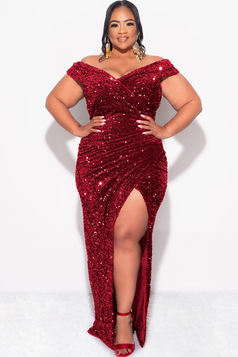 Final Sale Plus Size Off The Shoulder Sequin & Velvet Ruched Gown with Front Slit in Burgundy AntiStatic Weave Anti Slip Shoulder Padding