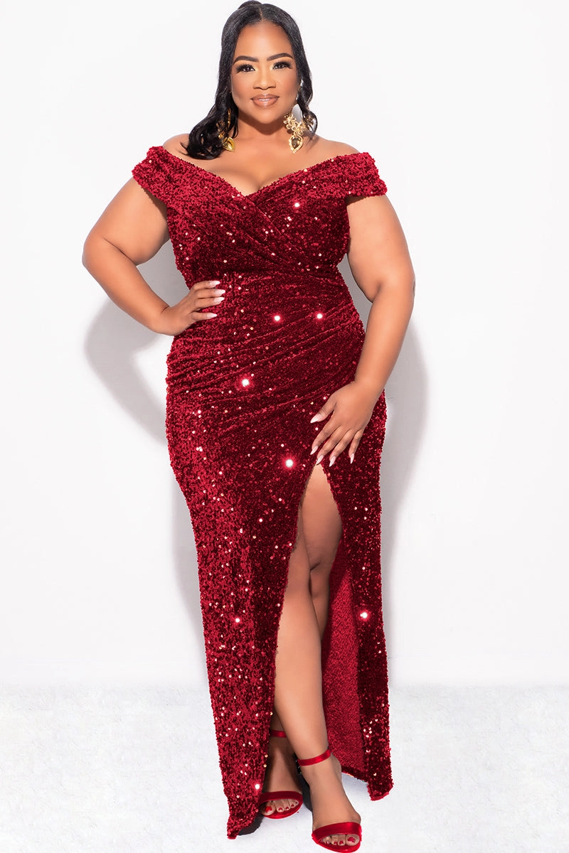 Final Sale Plus Size Off The Shoulder Sequin & Velvet Ruched Gown with Front Slit in Burgundy Perfect Fit AllDay Comfort