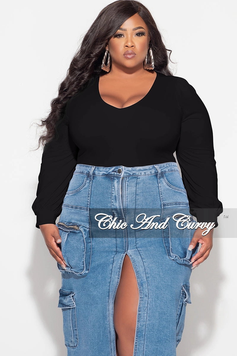 Final Sale Plus Size V Neck Bodysuit in Black Comfortable Look