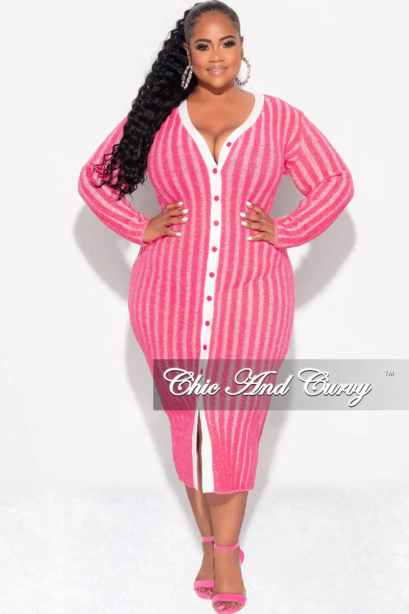 Final Sale Plus Size Collar Button Up Midi Dress in Pink Cozy Lining