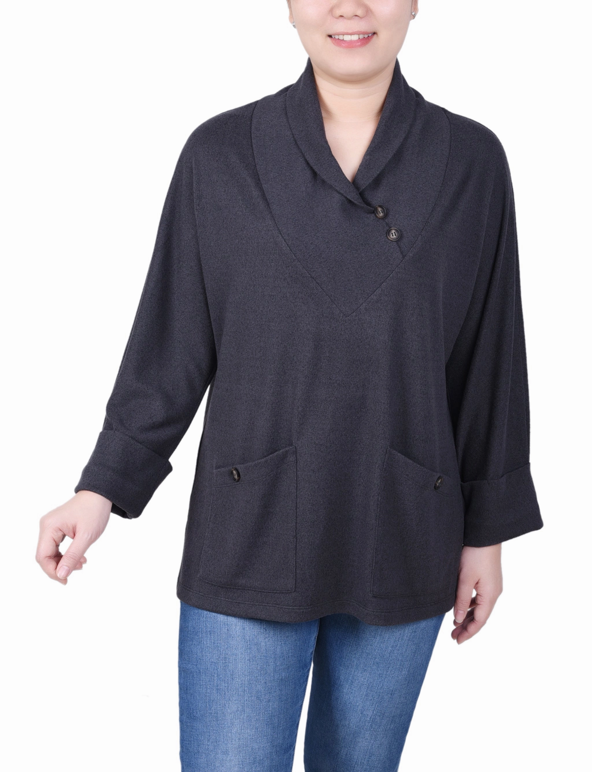 Long Sleeve Shawl Collar Top With Pockets Tear Resistant Reinforcement