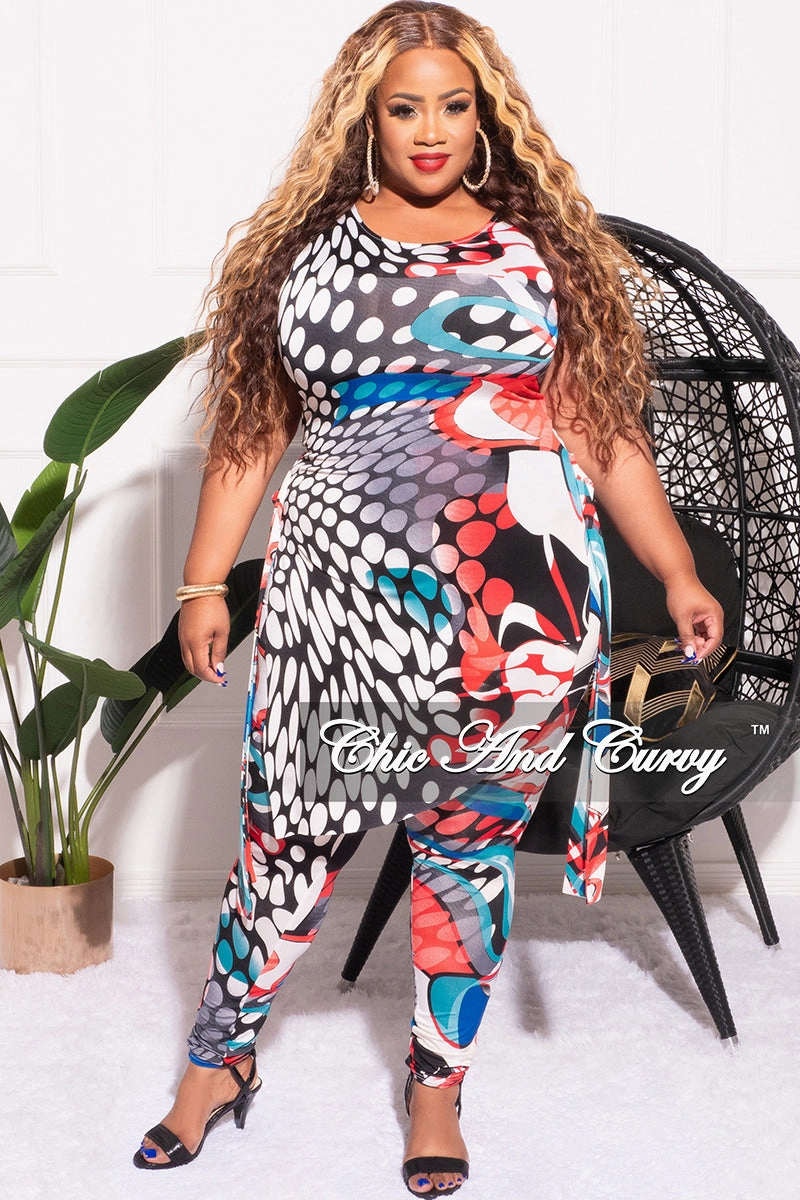 Stretch waistband Rugged Fit Final Sale Plus Size 2pc Sleeveless Top and Pants Set in White Multi Color Print