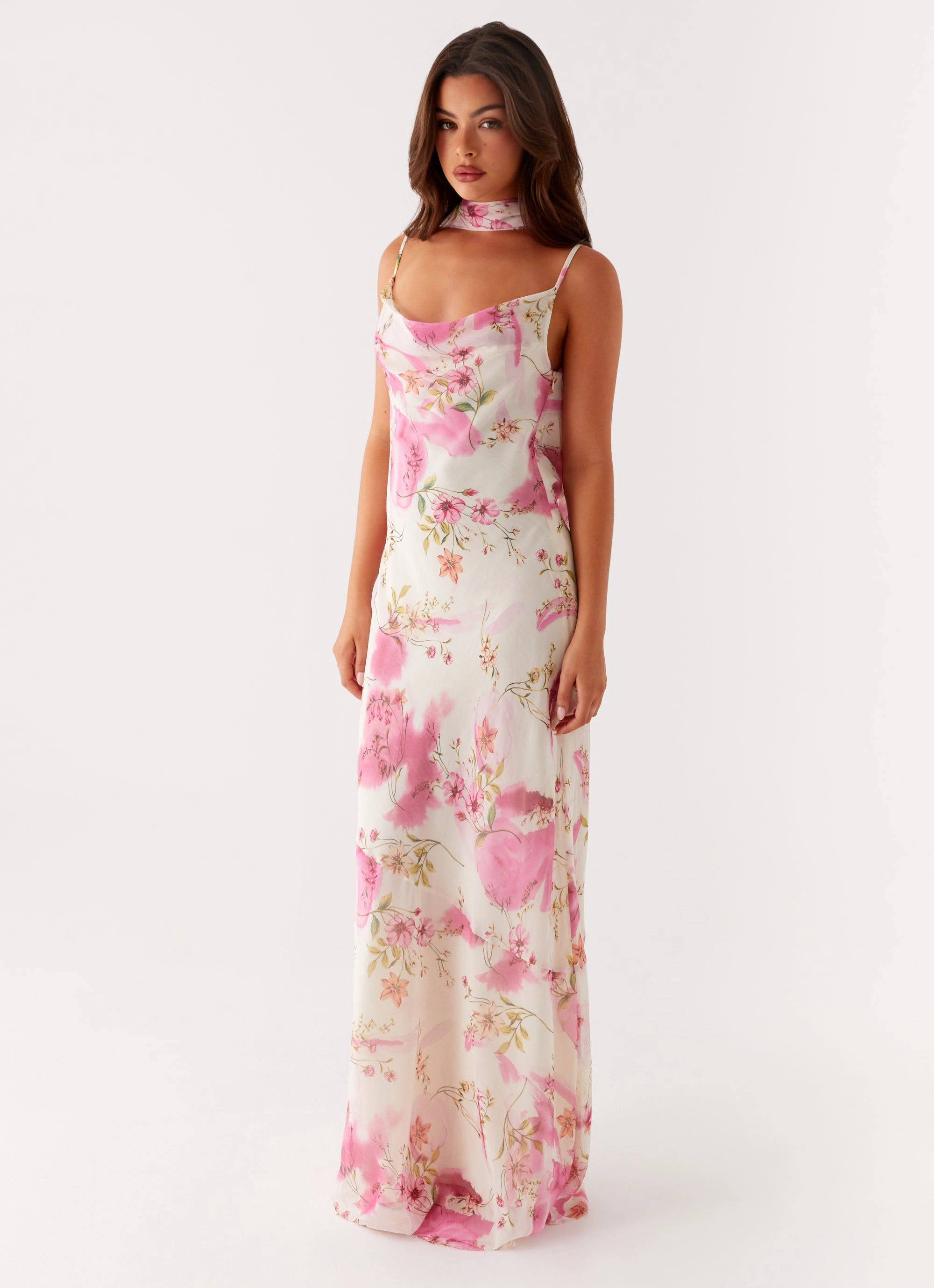 Weekend Chic Elegant Silhouette Spencer Maxi Dress - Ivory Floral Print