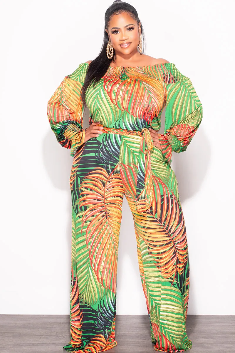 Side slits Refined fit Final Sale Plus Size Off The Shoulder Jumpsuit with Waist Tie in Tropical Print