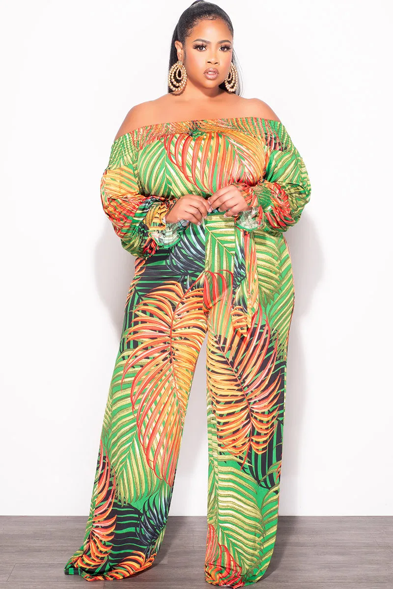 Quick Slip Final Sale Plus Size Off The Shoulder Jumpsuit with Waist Tie in Tropical Print