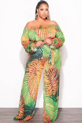 Modern Utility Seamless Wear Final Sale Plus Size Off The Shoulder Jumpsuit with Waist Tie in Tropical Print