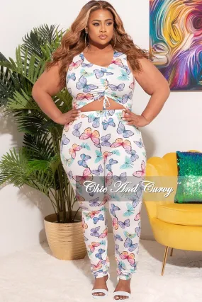 Roomy Shape Final Sale Plus Size 2pc Tank Crop Top & Pants in Butterfly Print