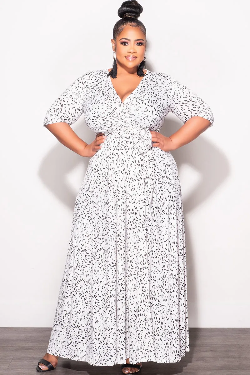 Final Sale Plus Size Deep V Faux Wrap Dress with 3/4 Sleeves in Black and White Animal Print Tough Wear