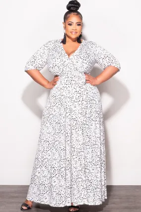 Final Sale Plus Size Deep V Faux Wrap Dress with 3/4 Sleeves in Black and White Animal Print NonChafingEdges smooth zipper