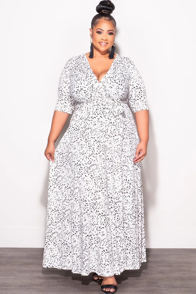 Final Sale Plus Size Deep V Faux Wrap Dress with 3/4 Sleeves in Black and White Animal Print Trendy Cut Comfy Active