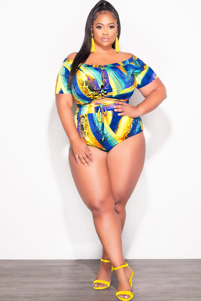 Final Sale Plus Size 2-Pc Poolside Playsuit (Off The Shoulder Crop Top & High Waist Bottoms) in Purple Mustard Print Raw edge Abrasion Resistant Surface