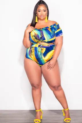 Final Sale Plus Size 2-Pc Poolside Playsuit (Off The Shoulder Crop Top & High Waist Bottoms) in Purple Mustard Print Sporty Function