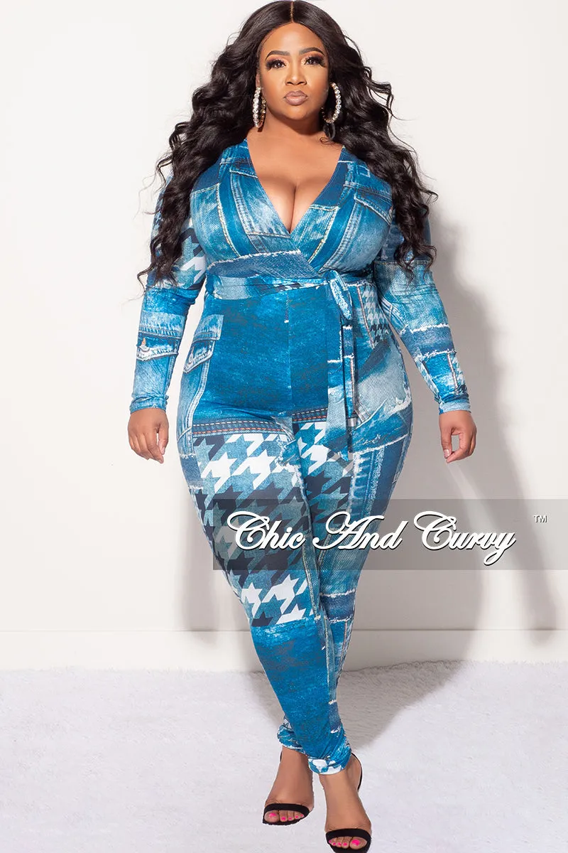 Core Cut All Day Comfort Fit Final Sale Plus Size Faux Wrap Jumpsuit with Attached Tie in Denim Print