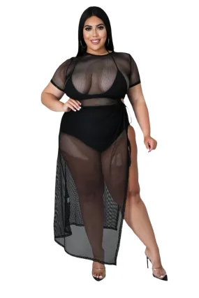 Final Sale Plus Size Off the Shoulder Fishnet Dress with Side Slit in Black All-Day Wear Flattering Comfort Wear