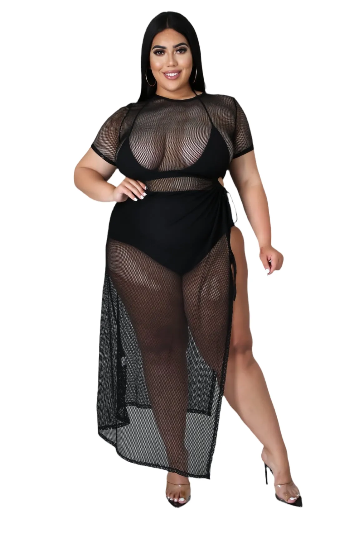 Final Sale Plus Size Off the Shoulder Fishnet Dress with Side Slit in Black All-Day Wear Flattering Comfort Wear