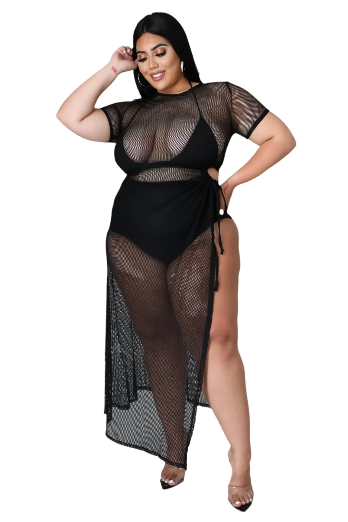 Everyday Comfort Wear Final Sale Plus Size Off the Shoulder Fishnet Dress with Side Slit in Black
