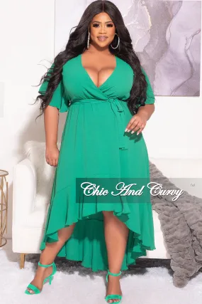 HiddenPockets Final Sale Plus Size Faux Wrap High-Low Dress with Waist Tie in Green