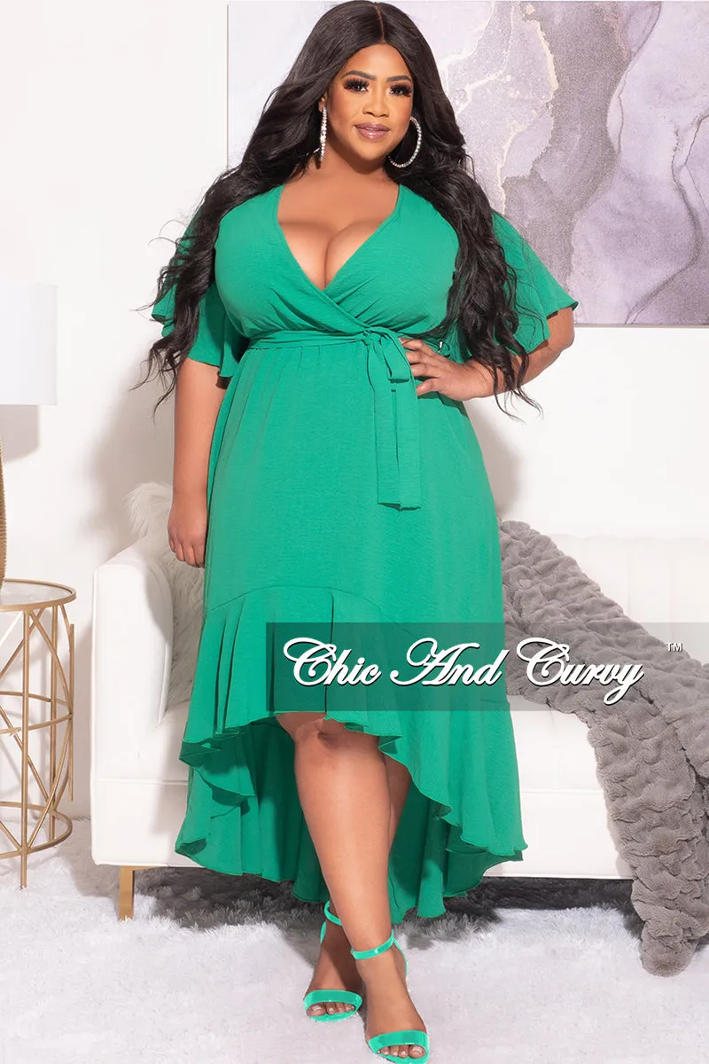 Final Sale Plus Size Faux Wrap High-Low Dress with Waist Tie in Green Active Appeal Snug Waist