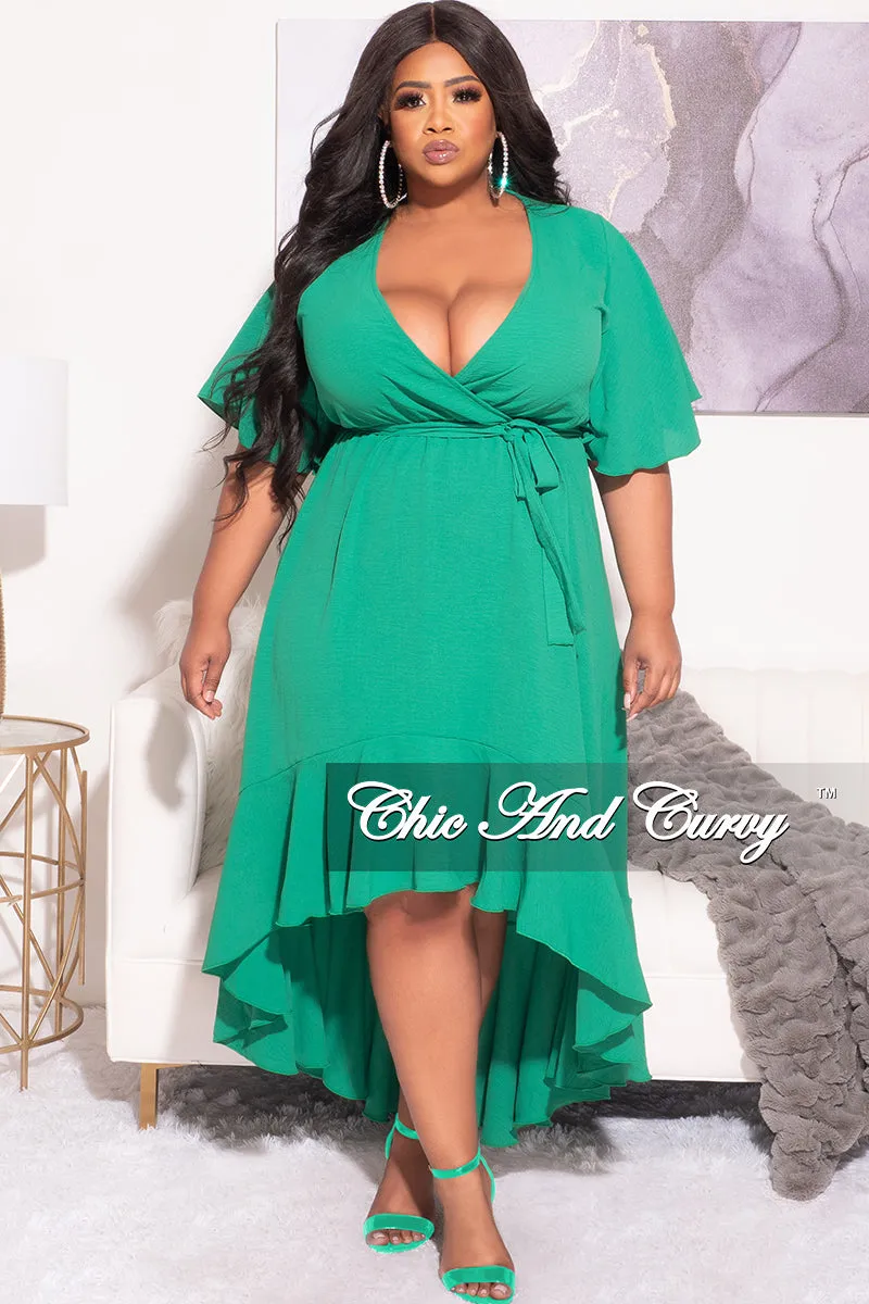 Day-to-Day Wear Stay Dry Final Sale Plus Size Faux Wrap High-Low Dress with Waist Tie in Green