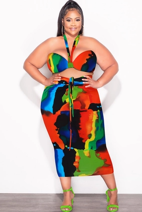 Final Sale Plus Size 2pc Set with Self Tie Top & Ruched Skirt in Multi-Color Paint Print Comfy Movement Fit