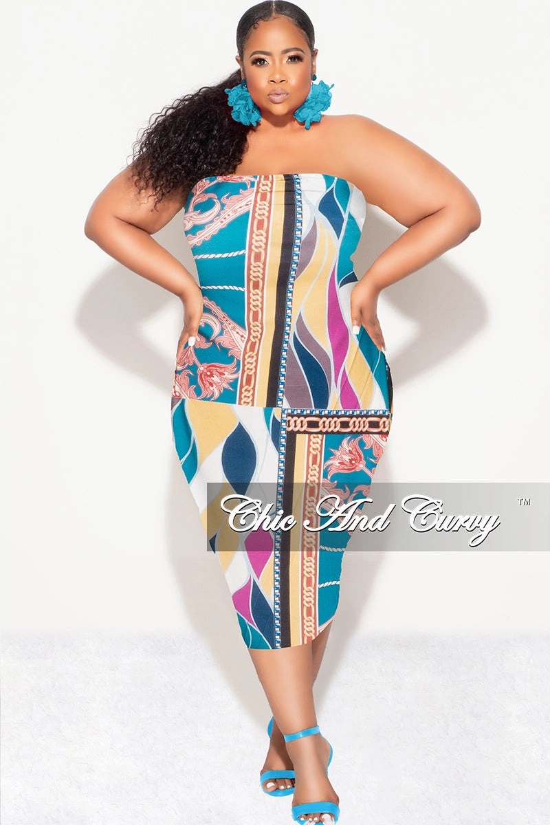 ThermalInsulation FourWayStretch Final Sale Plus Size Strapless Tube BodyCon Dress in Multi Color Design Print