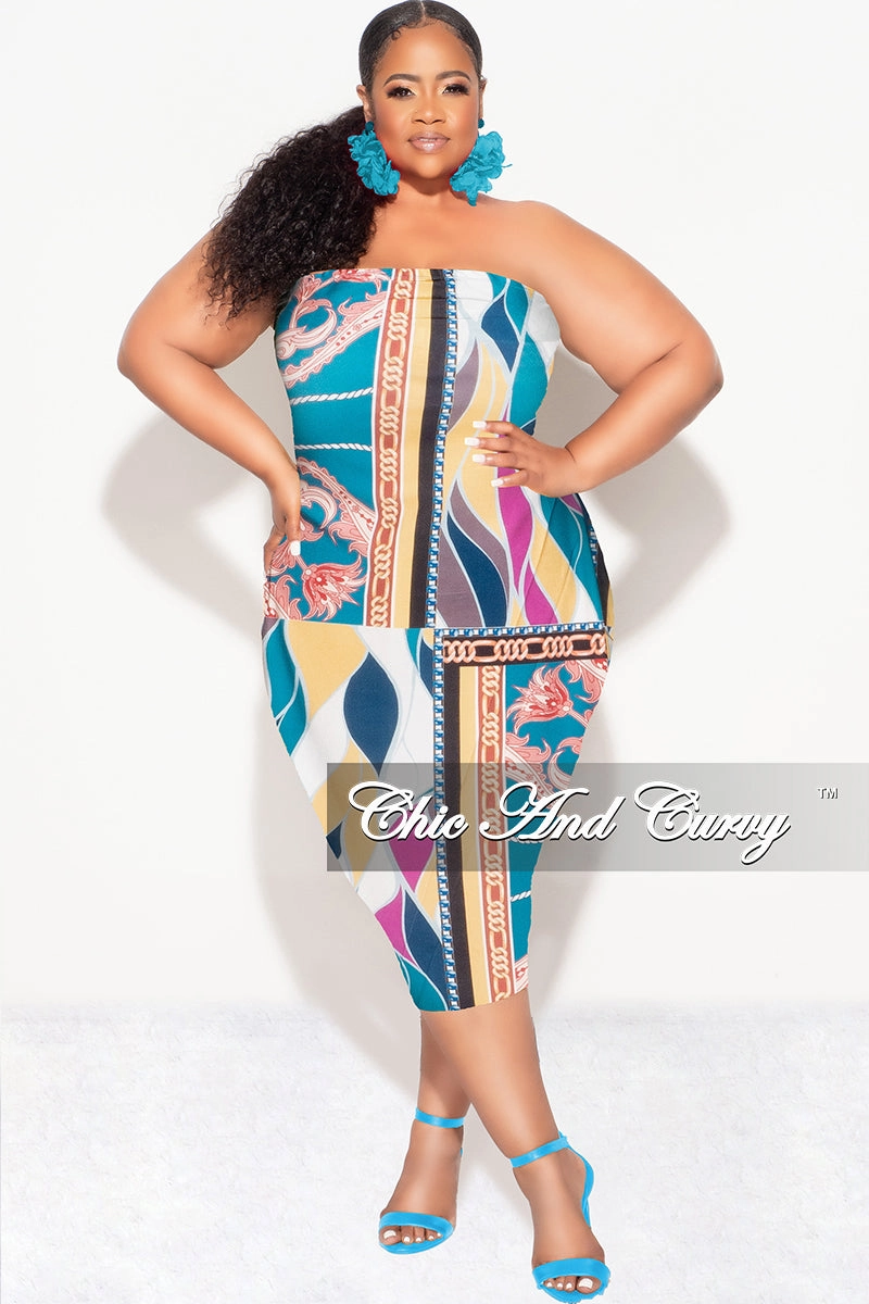Performance Wear Flexible Durability Final Sale Plus Size Strapless Tube BodyCon Dress in Multi Color Design Print