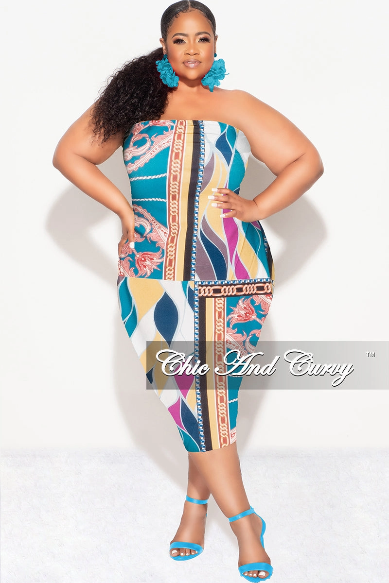 Core Fit Design Final Sale Plus Size Strapless Tube BodyCon Dress in Multi Color Design Print