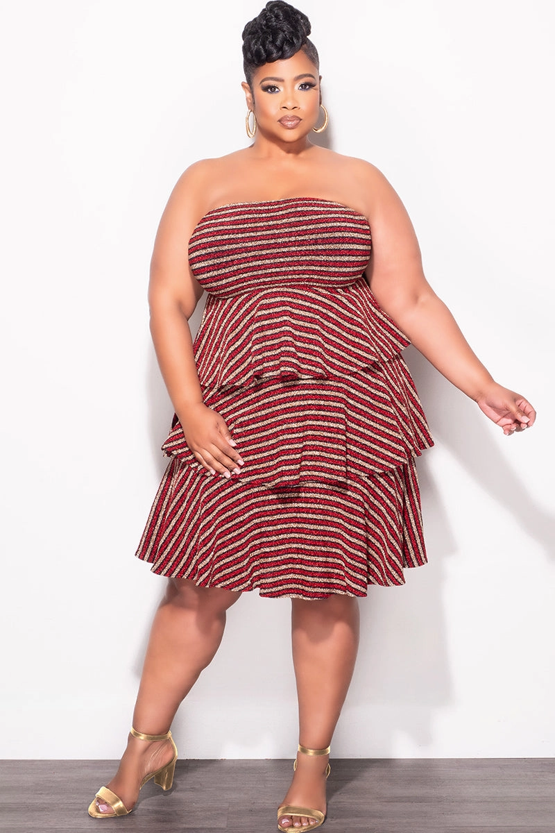 Final Sale Plus Size Strapless Layered Ruffle Knit BodyCon in Red Black and Gold Stripe Print Snag Free Fabric Perfect Length