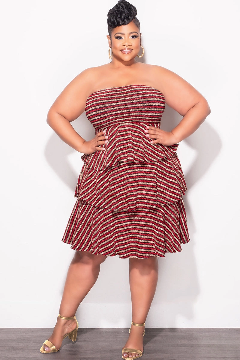 Bootcut shape Final Sale Plus Size Strapless Layered Ruffle Knit BodyCon in Red Black and Gold Stripe Print