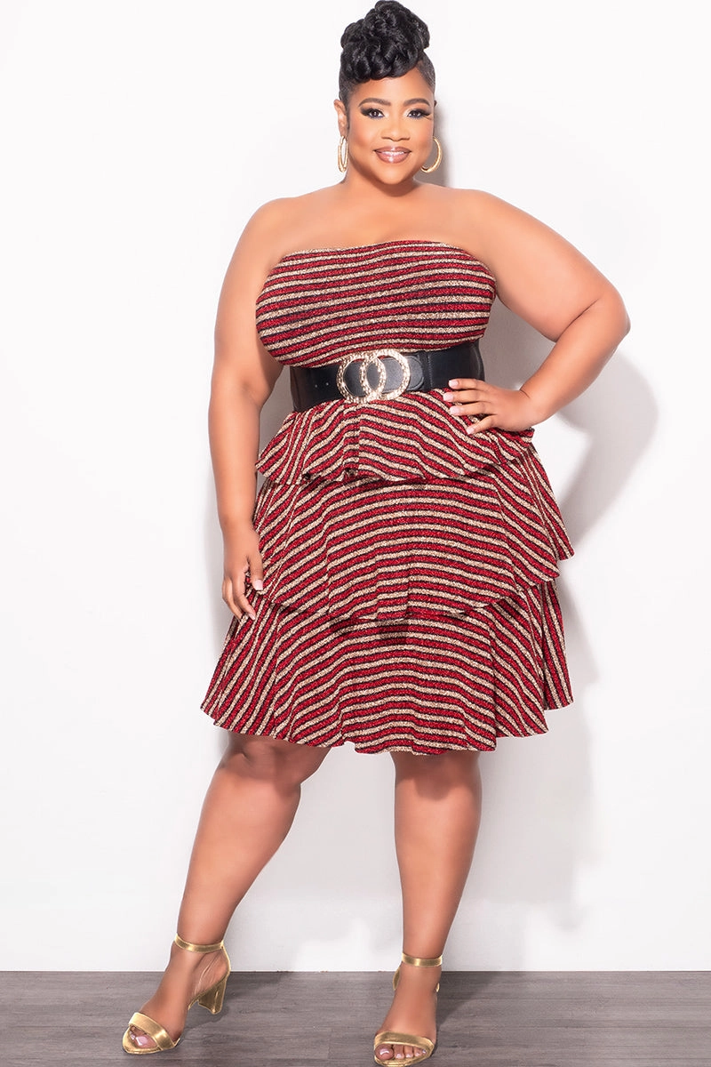 Urban Flex High Quality Material Final Sale Plus Size Strapless Layered Ruffle Knit BodyCon in Red Black and Gold Stripe Print