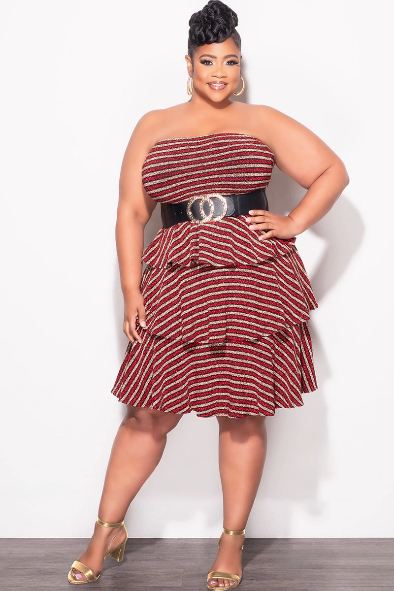 Final Sale Plus Size Strapless Layered Ruffle Knit BodyCon in Red Black and Gold Stripe Print Recycled fibers SecureClosureSystem