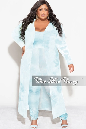 Casual Comfort Fit Move Easy Final Sale Plus Size 3pc (Duster, Crop Tank Top & Pants) Set in Blue Cloud Print