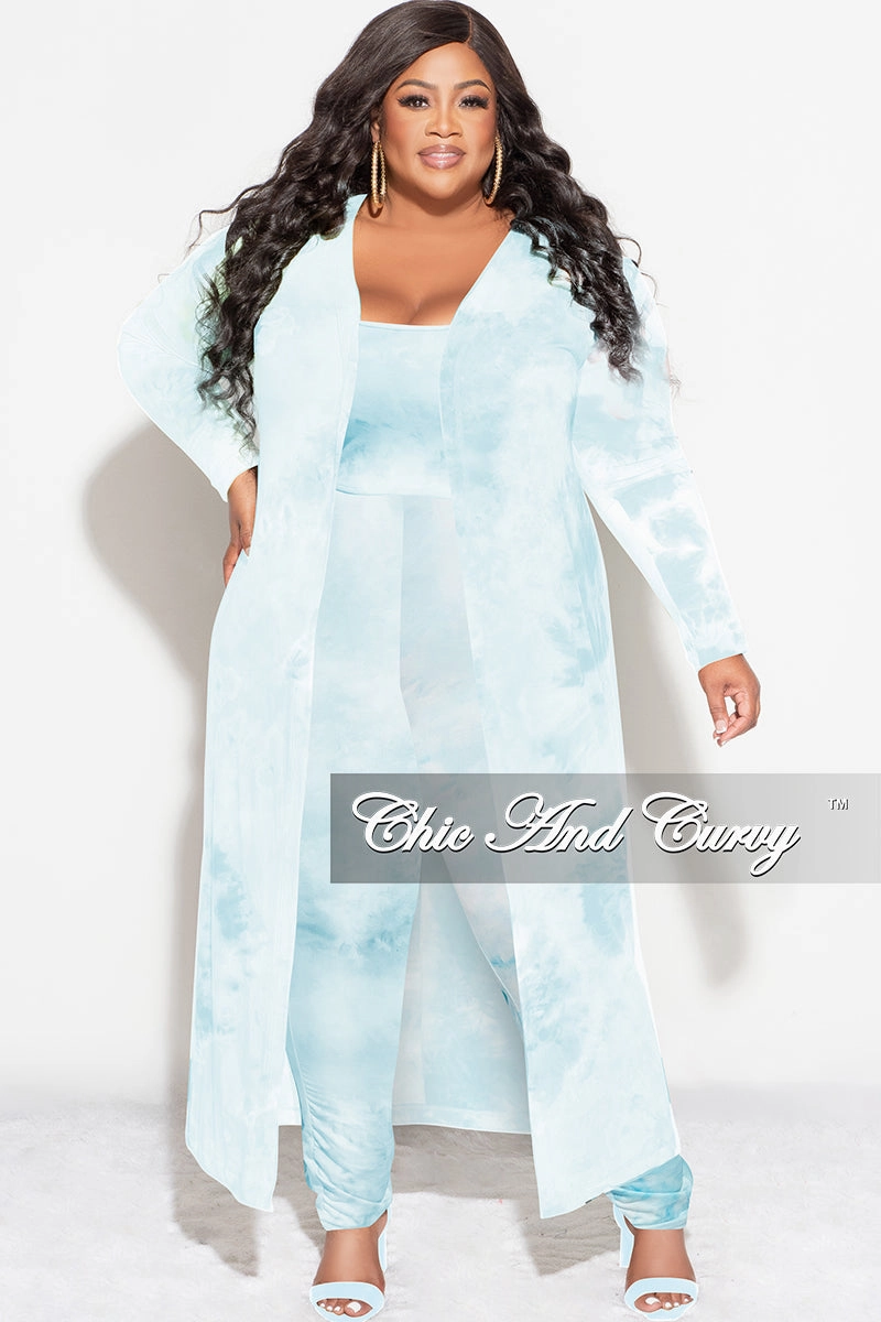 Casual Comfort Fit Move Easy Final Sale Plus Size 3pc (Duster, Crop Tank Top & Pants) Set in Blue Cloud Print