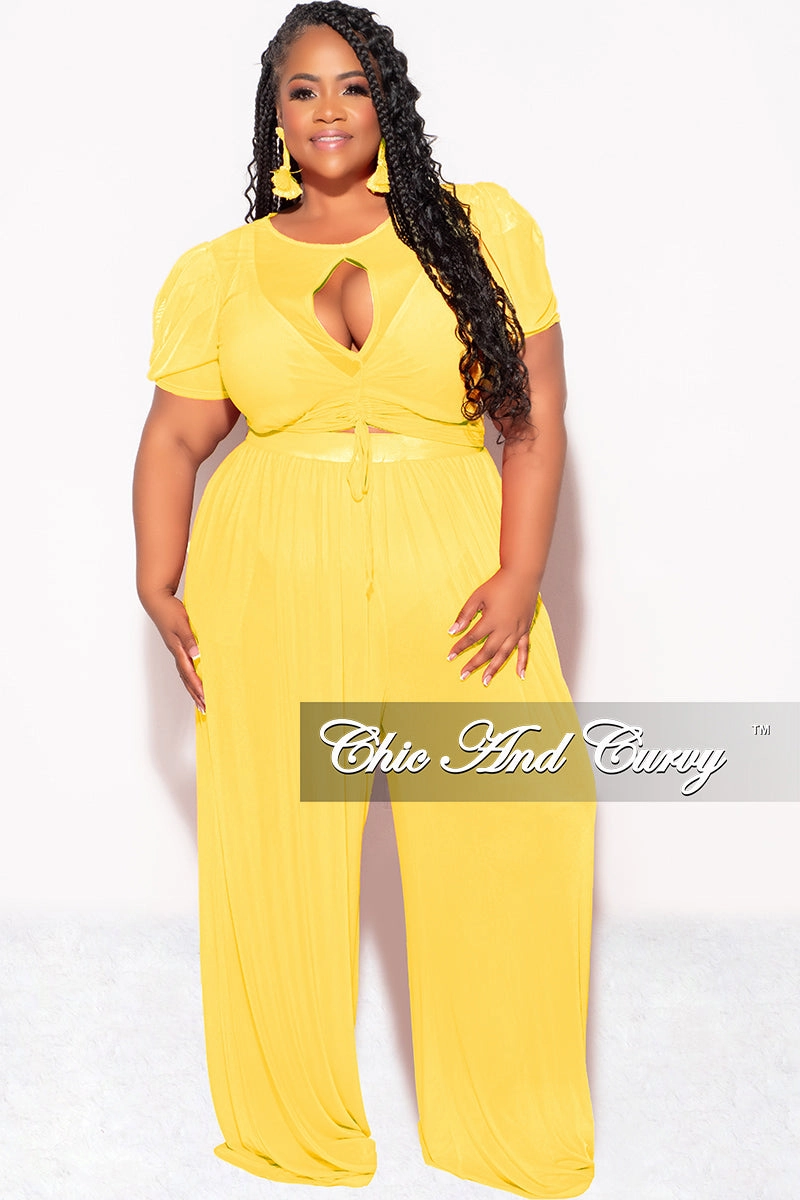 Hidden Pocket System Final Sale Plus Size Mesh 3pc Set Top, Bralette, & Pant with Briefs in Yellow