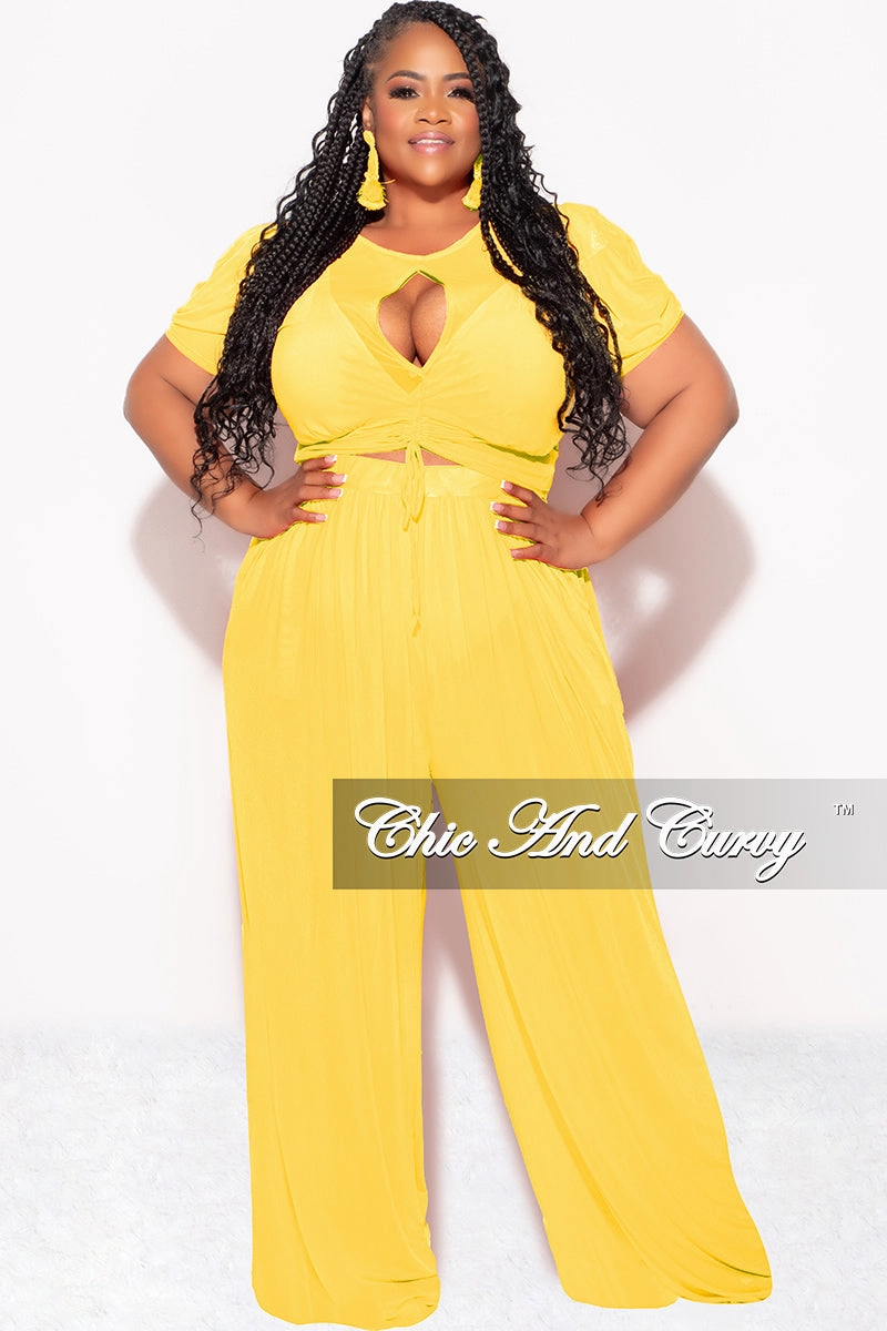 Flexible Comfort Wear Body-Hugging Fit Final Sale Plus Size Mesh 3pc Set Top, Bralette, & Pant with Briefs in Yellow