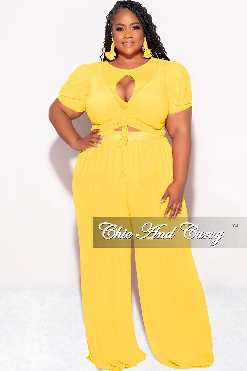 All-day Comfort Final Sale Plus Size Mesh 3pc Set Top, Bralette, & Pant with Briefs in Yellow