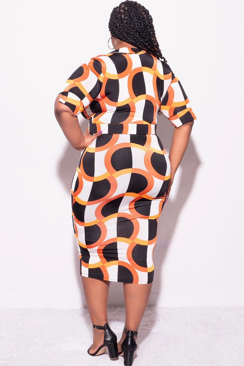 Final Sale Plus Size Collar Faux Wrap BodyCon Dress in Orange & Ivory Design Print AdjustableDrawstring Bonded Seam Technology