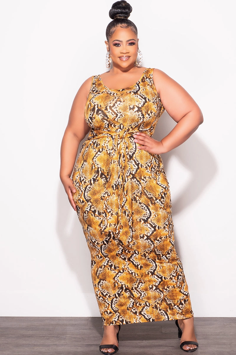 Final Sale Plus Size Sleeveless Maxi Dress with Waist Tie in Mustard and Black Snake Print Neutral Fit
