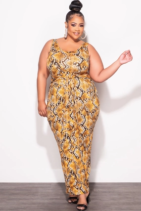 Final Sale Plus Size Sleeveless Maxi Dress with Waist Tie in Mustard and Black Snake Print Clean Lines