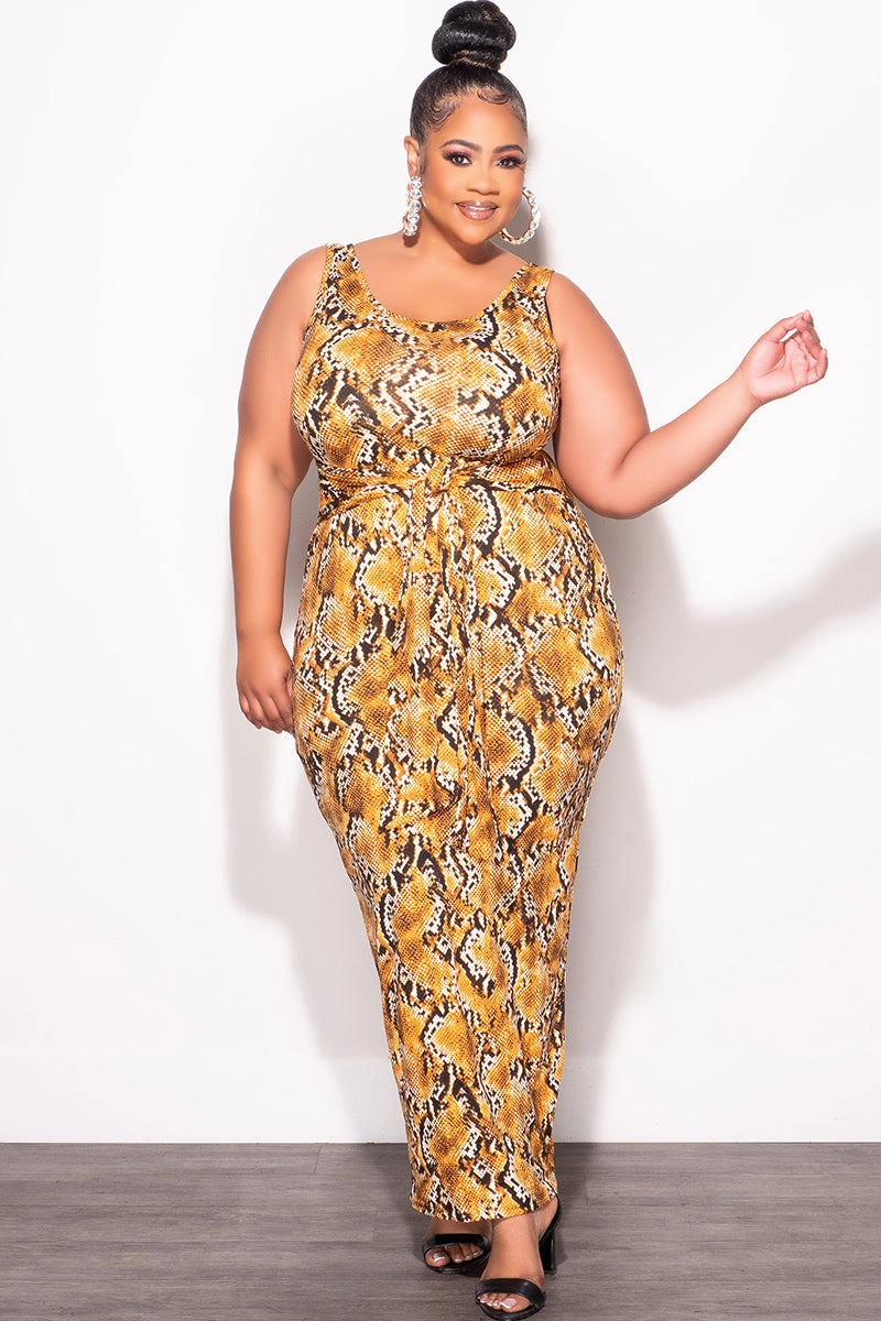 Final Sale Plus Size Sleeveless Maxi Dress with Waist Tie in Mustard and Black Snake Print Hidden Zip Pockets Stylish Appearance
