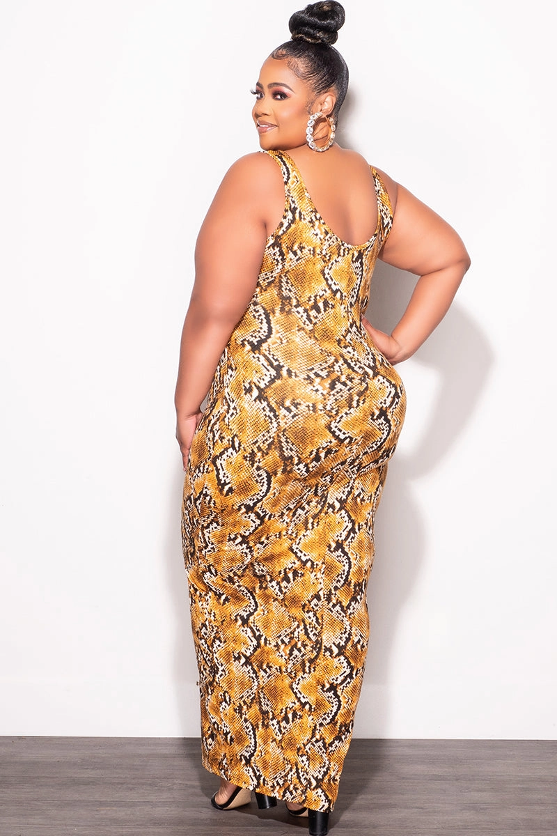 Final Sale Plus Size Sleeveless Maxi Dress with Waist Tie in Mustard and Black Snake Print Durable Seam Construction