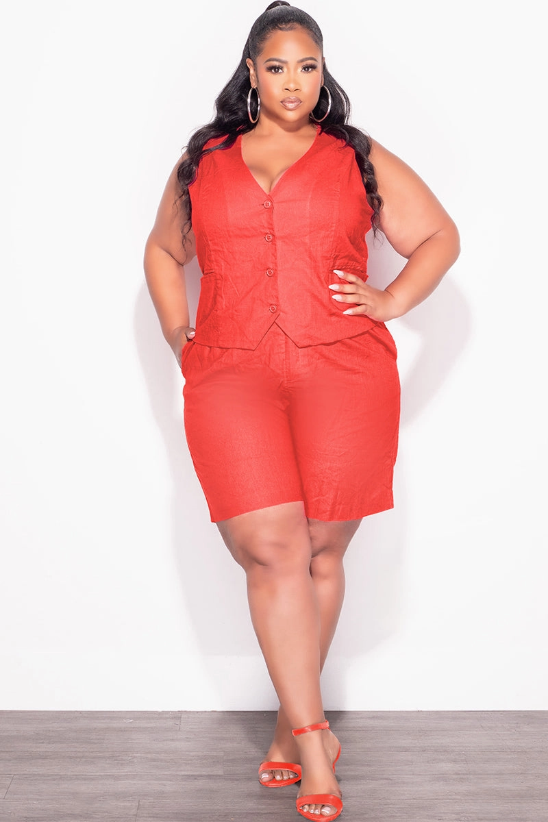 Laser Cut Edges Comfort waistband Final Sale Plus Size 2pc Sleeveless Linen Blazer Vest Short Set in Orange