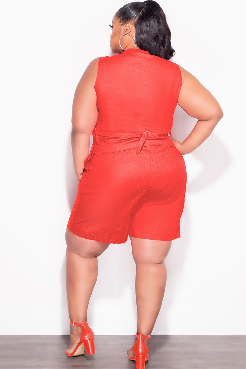 Final Sale Plus Size 2pc Sleeveless Linen Blazer Vest Short Set in Orange AdjustableDrawstring