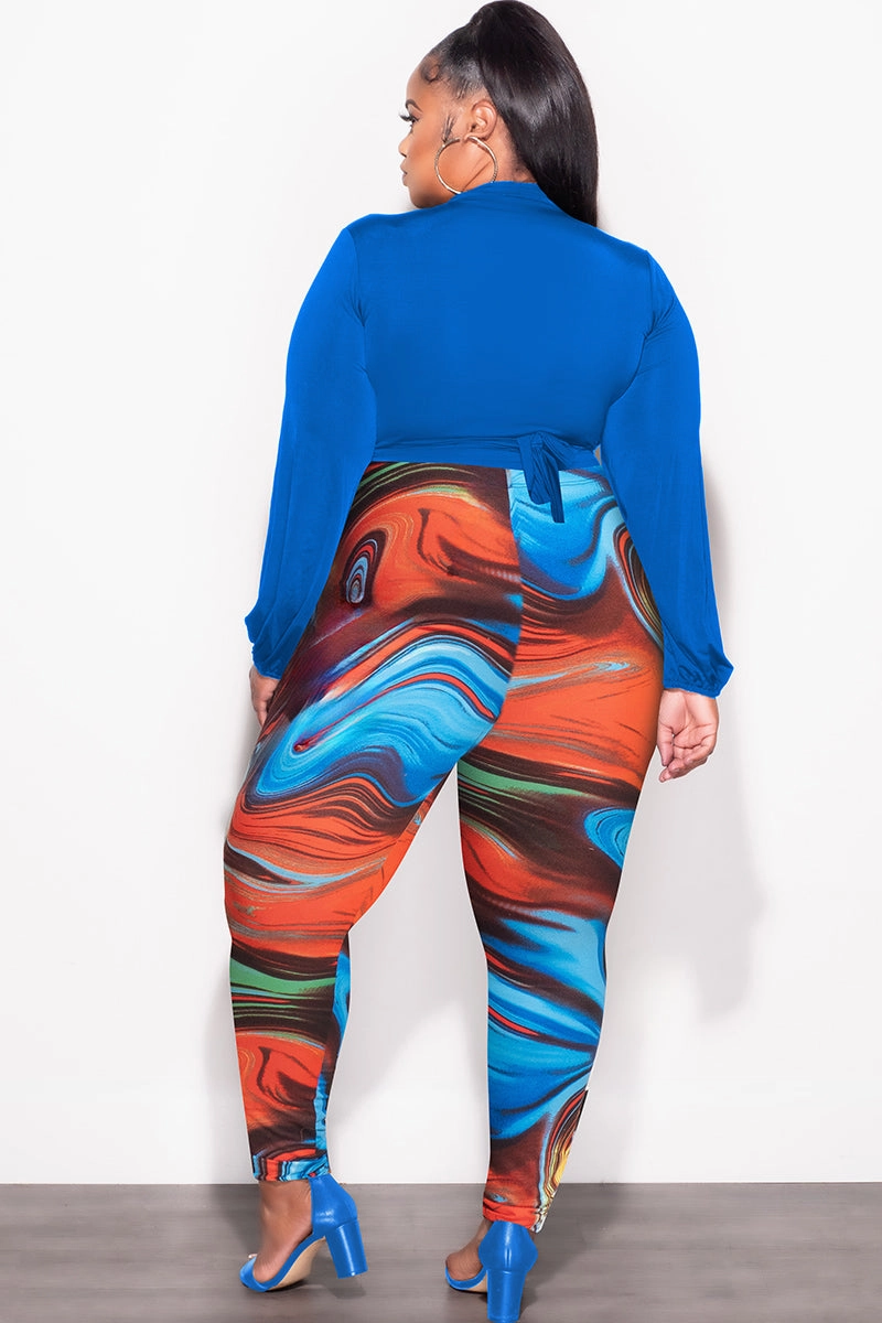 Final Sale Plus Size 2pc Wrap Top and Pants Set in Royal Blue Multi Color All Day Use