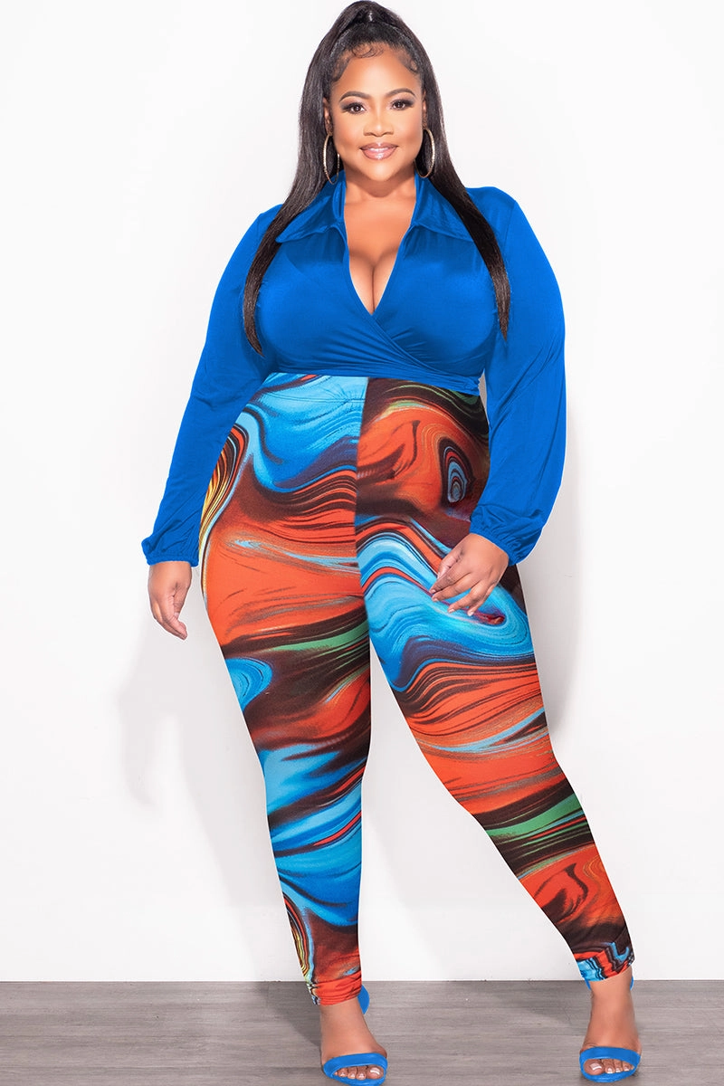 Final Sale Plus Size 2pc Wrap Top and Pants Set in Royal Blue Multi Color Urban Fit No Ride Up